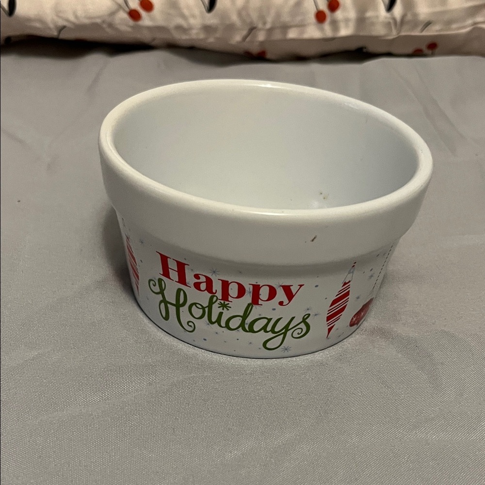 Festive Holiday Ceramic Bowl - White with Red and Green Accents 4” across